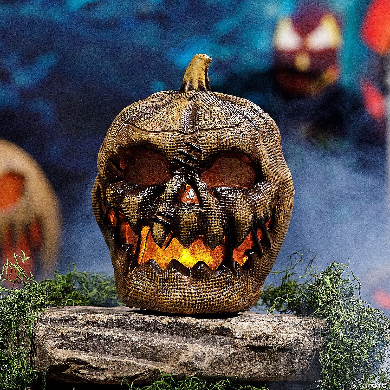 10" Animated Flaming Burlap Pumpkin