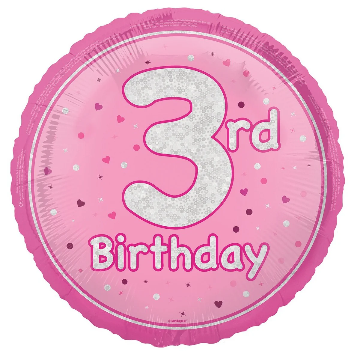 3rd Birthday Pink Holographic Glitter Round Foil Balloon - 45cm