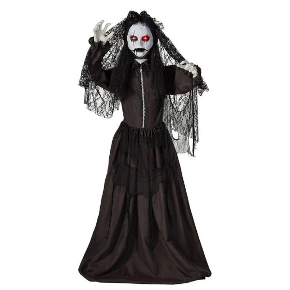 5 Ft. 6" Jaw-Dropping Scary Bride with Black Dress Standing Prop - Image 2