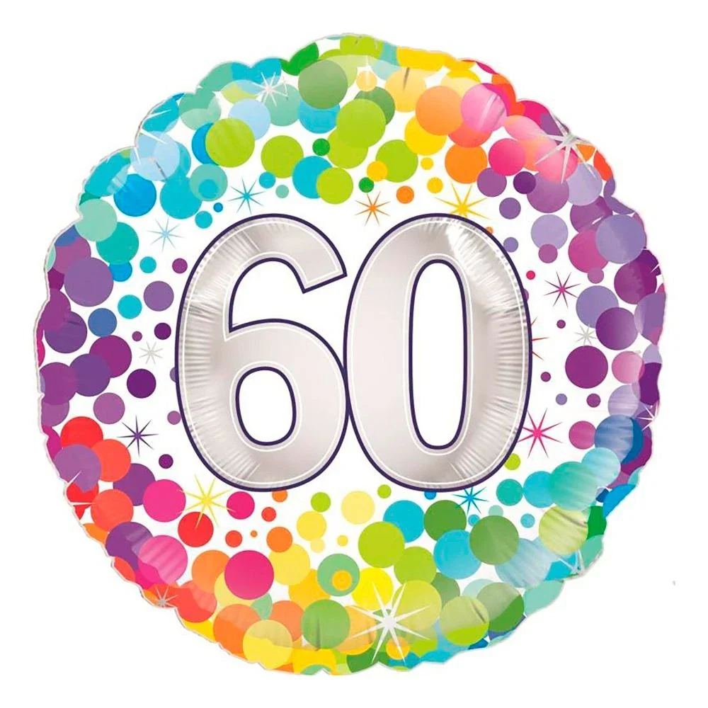 60 Colourful Confetti Dots Round Foil Balloon - Silver Numeral - 45cm