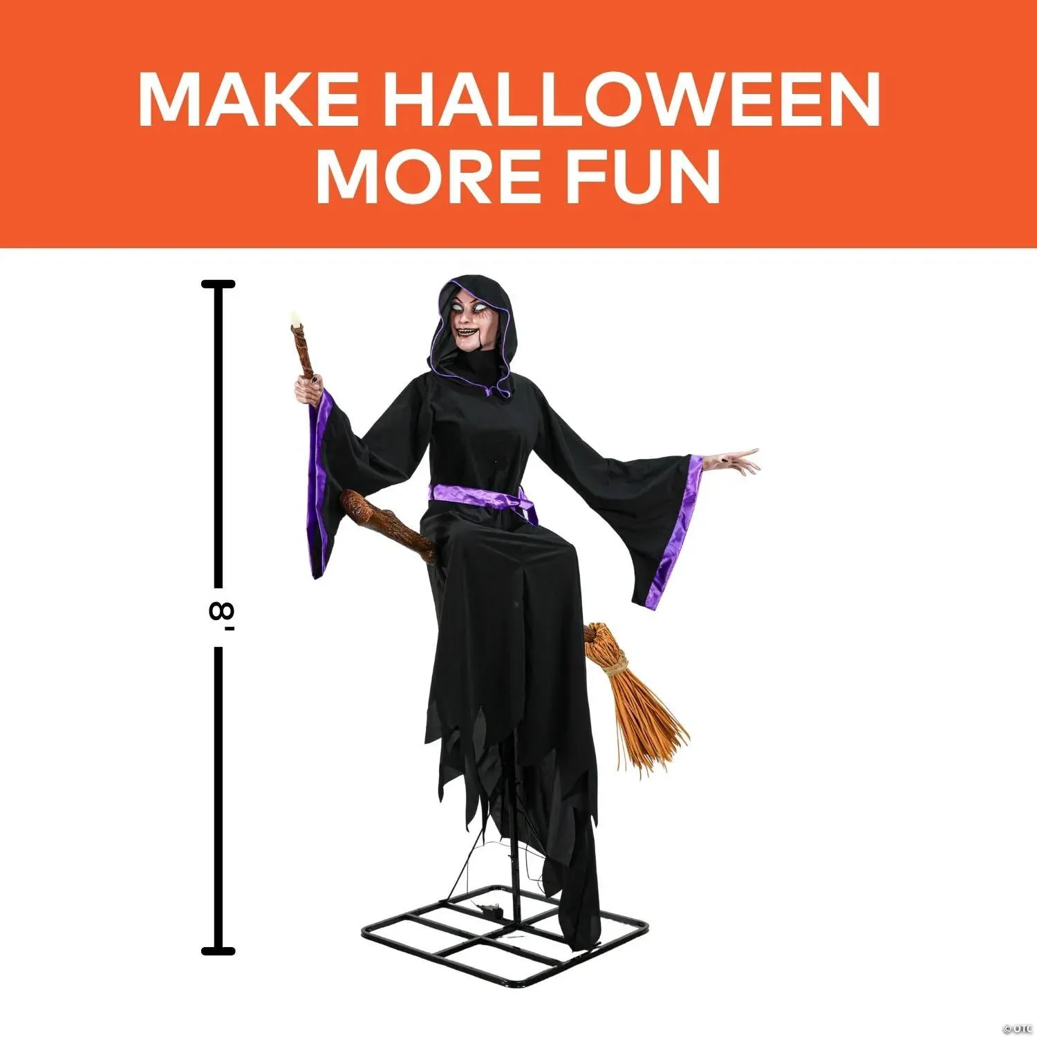 8 Ft. Animated Light-Up Hovering Witch with Broom & Wand - Image 2