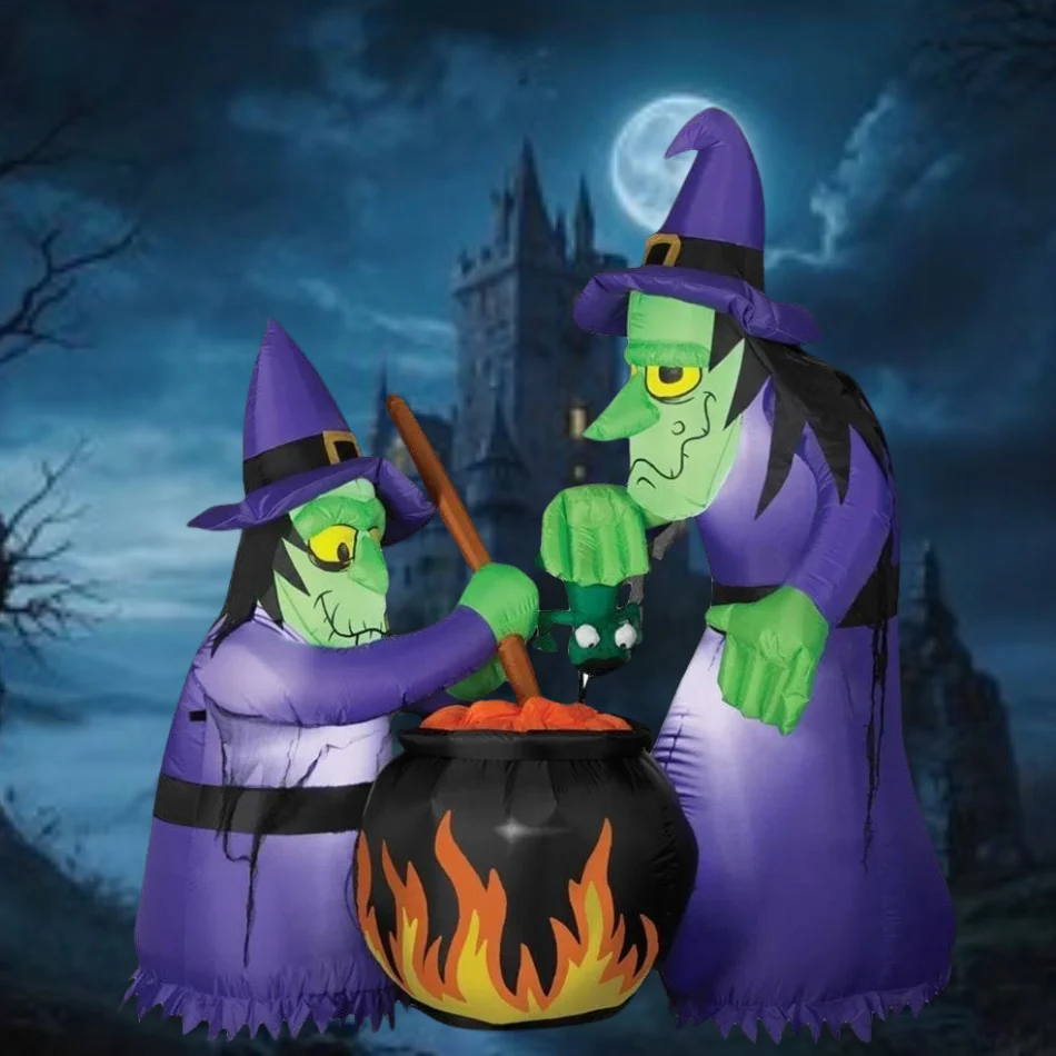 Airblown Double Bubble Witches With Cauldron Inflatable