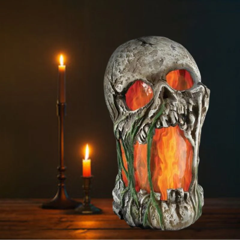 12" Flaming Rotted Skull Animated Prop