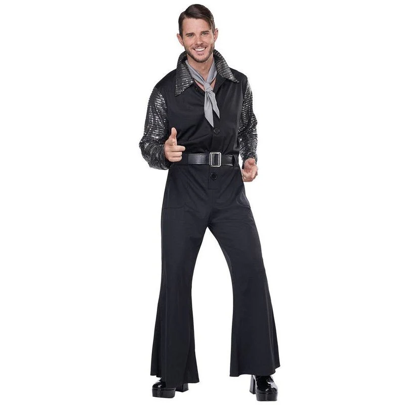 Flashy 1970's Men's Black And Silver Costume Jumpsuit