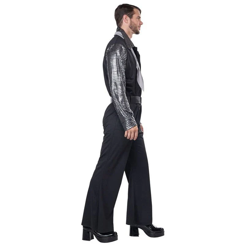 Flashy 1970's Men's Black And Silver Costume Jumpsuit - Image 2