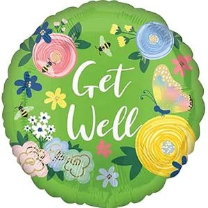 Get Well Garden Green Floral & Bee Round Foil Balloon