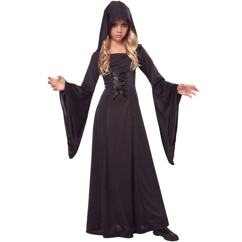 Hooded Long Black Robe Girls Costume