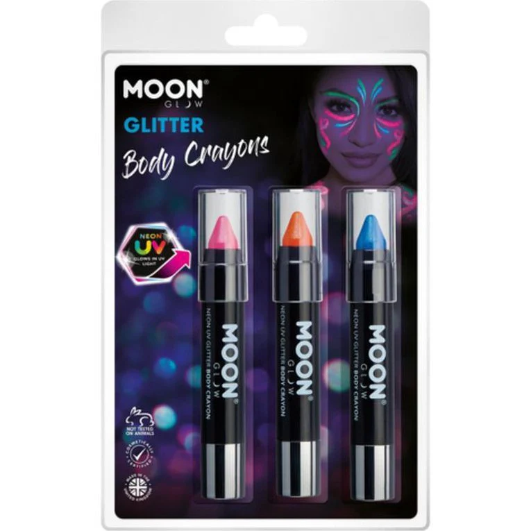 Moon Glow Neon Uv Glitter Body Crayons, Hot Pink, Oramge, Blue