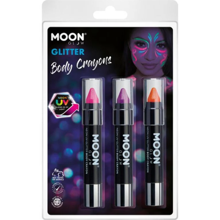 Moon Glow Neon Uv Glitter Body Crayons, Magenta, Purple, Orange