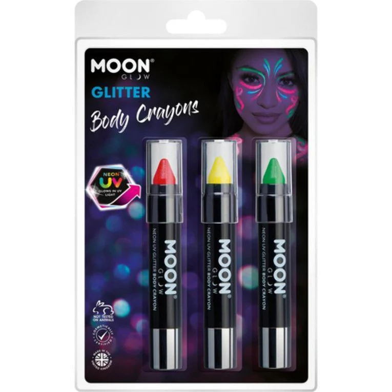 Moon Glow Neon Uv Glitter Body Crayons, Red, Yellow, Green