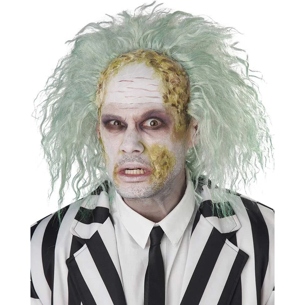 Obnoxious Ghost Bald Cap Curly Green Wig - Image 2